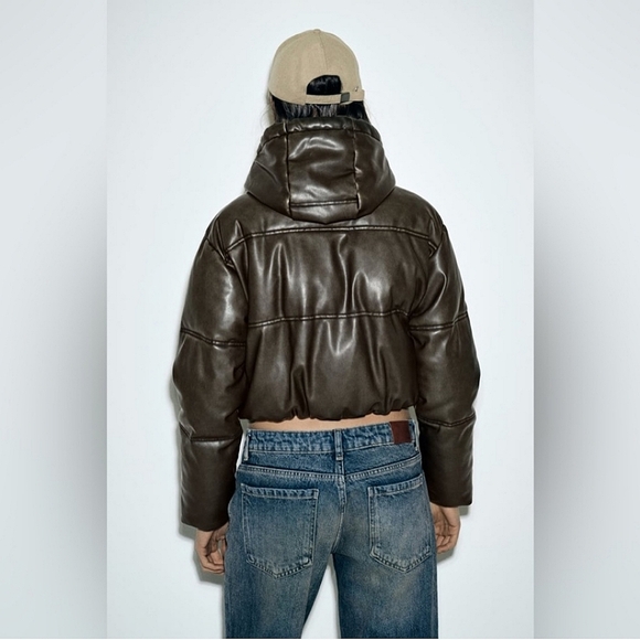 ZARA BROWN CROPPED FAUX LEATHER PUFFER JACKET ✨️SIZE XXL✨️ - Picture 2 of 9